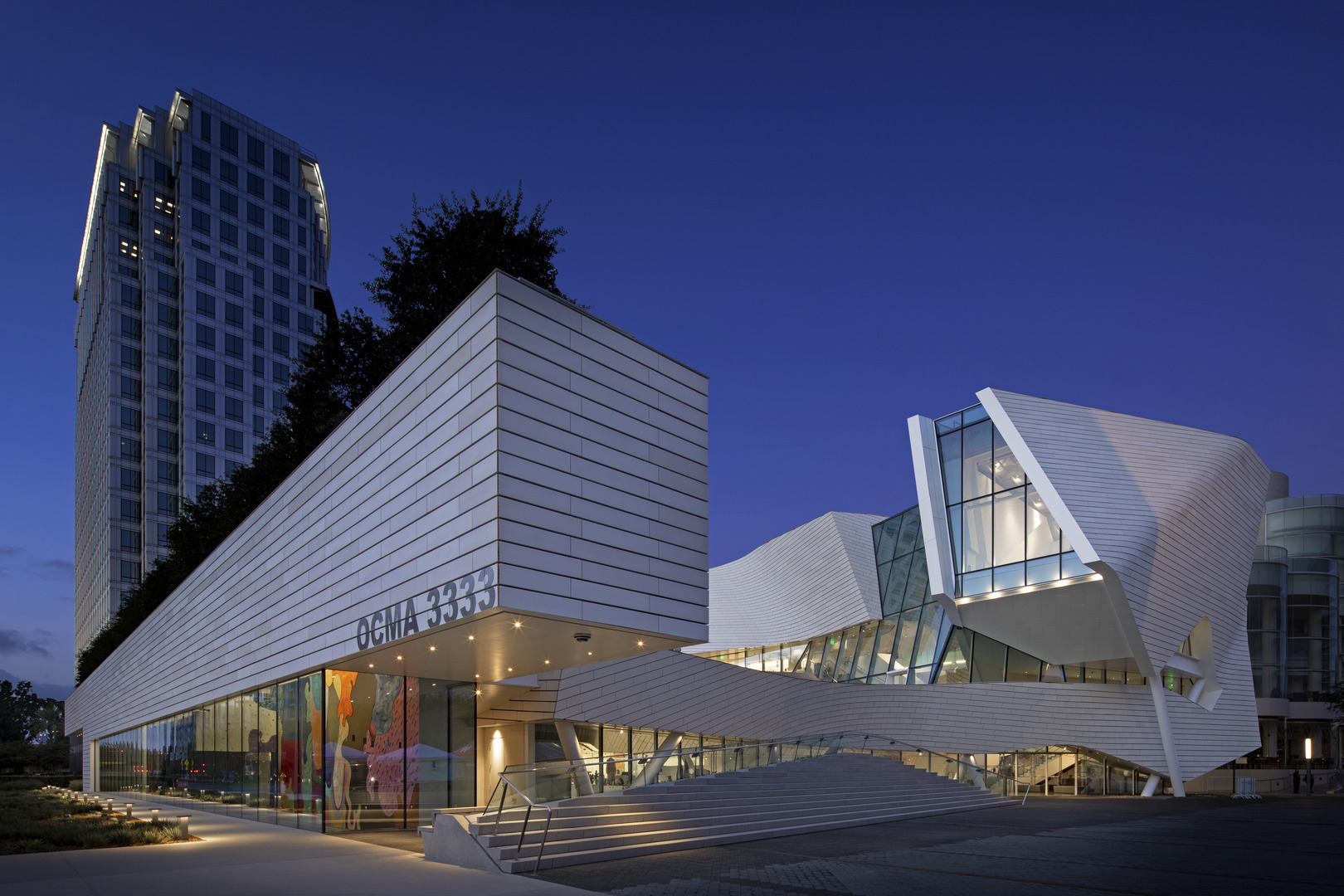 exterior of the Orange County Musem of Art (OCMA) at night
