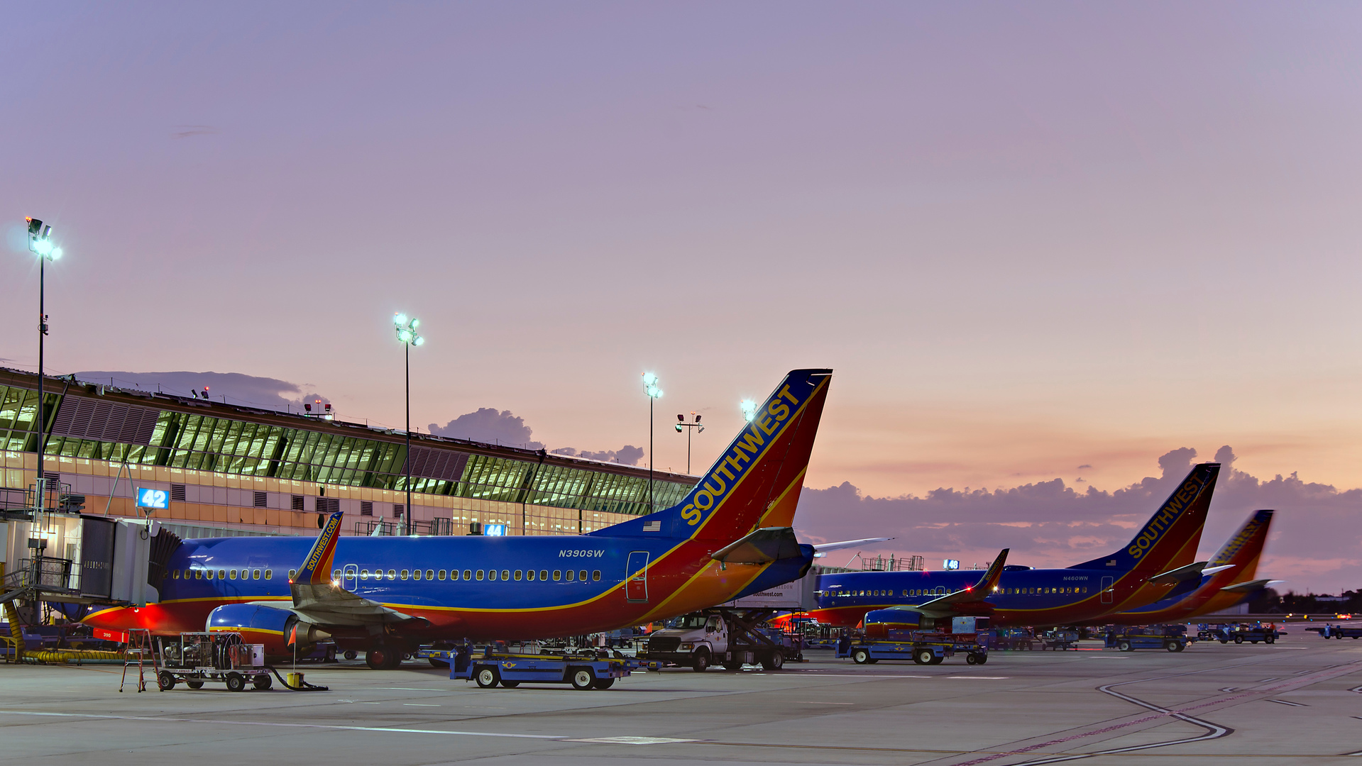 Southwest Airlines planes at William P. Hobby Airport at dusk