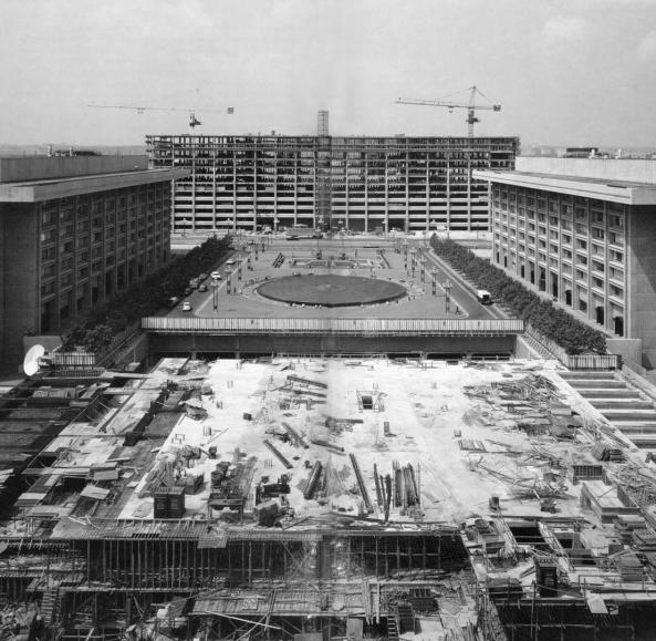 Black and white photo of DC's L'Enfant Plaza under construction in 1966