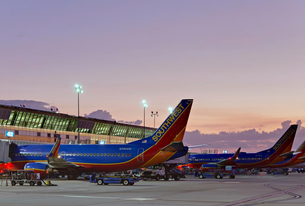 Southwest Airlines planes at William P. Hobby Airport at dusk