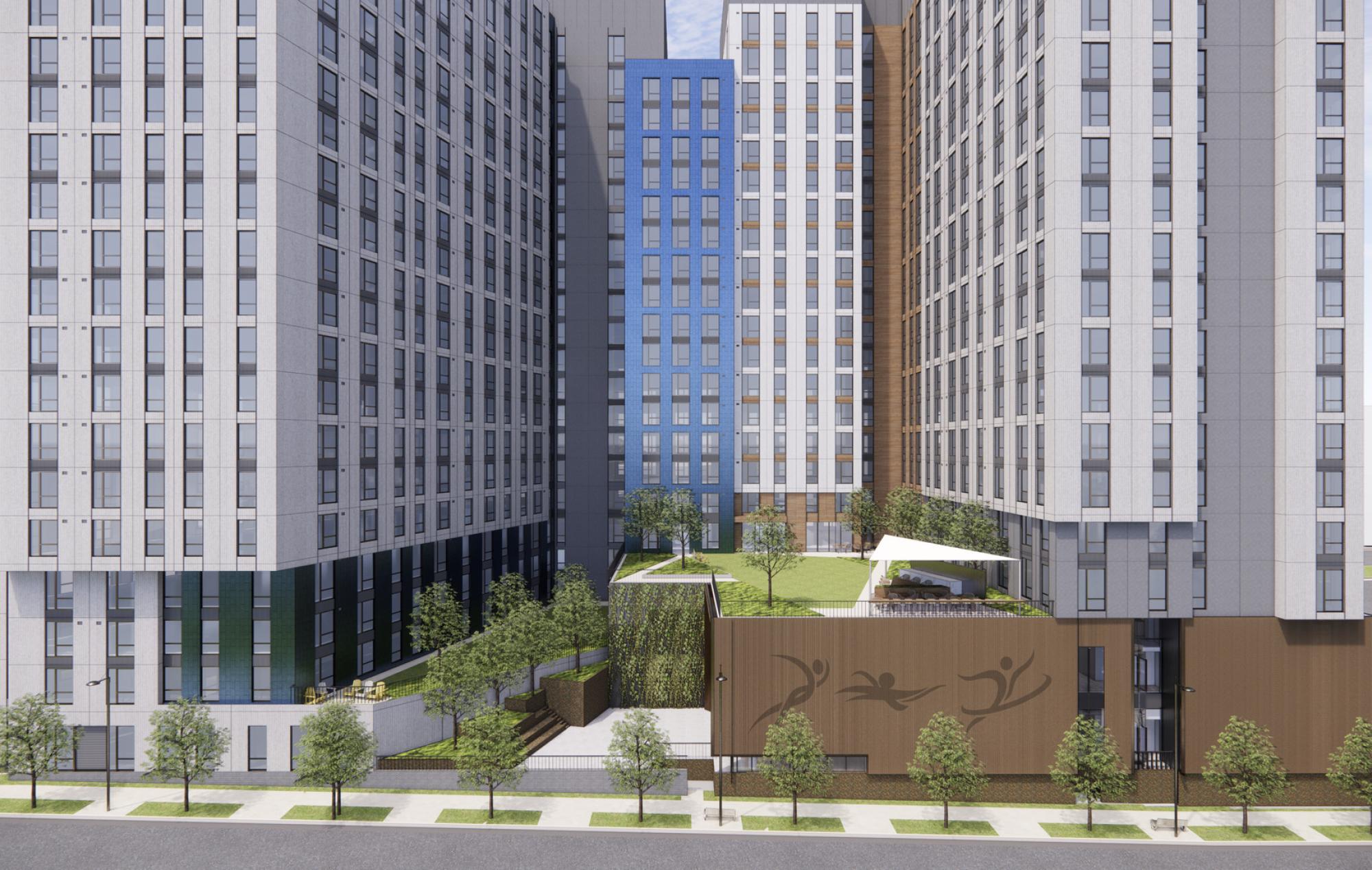 Rendering of The Exchange at Spring Hill Station, two mixed-use towers with all affordable housing units
